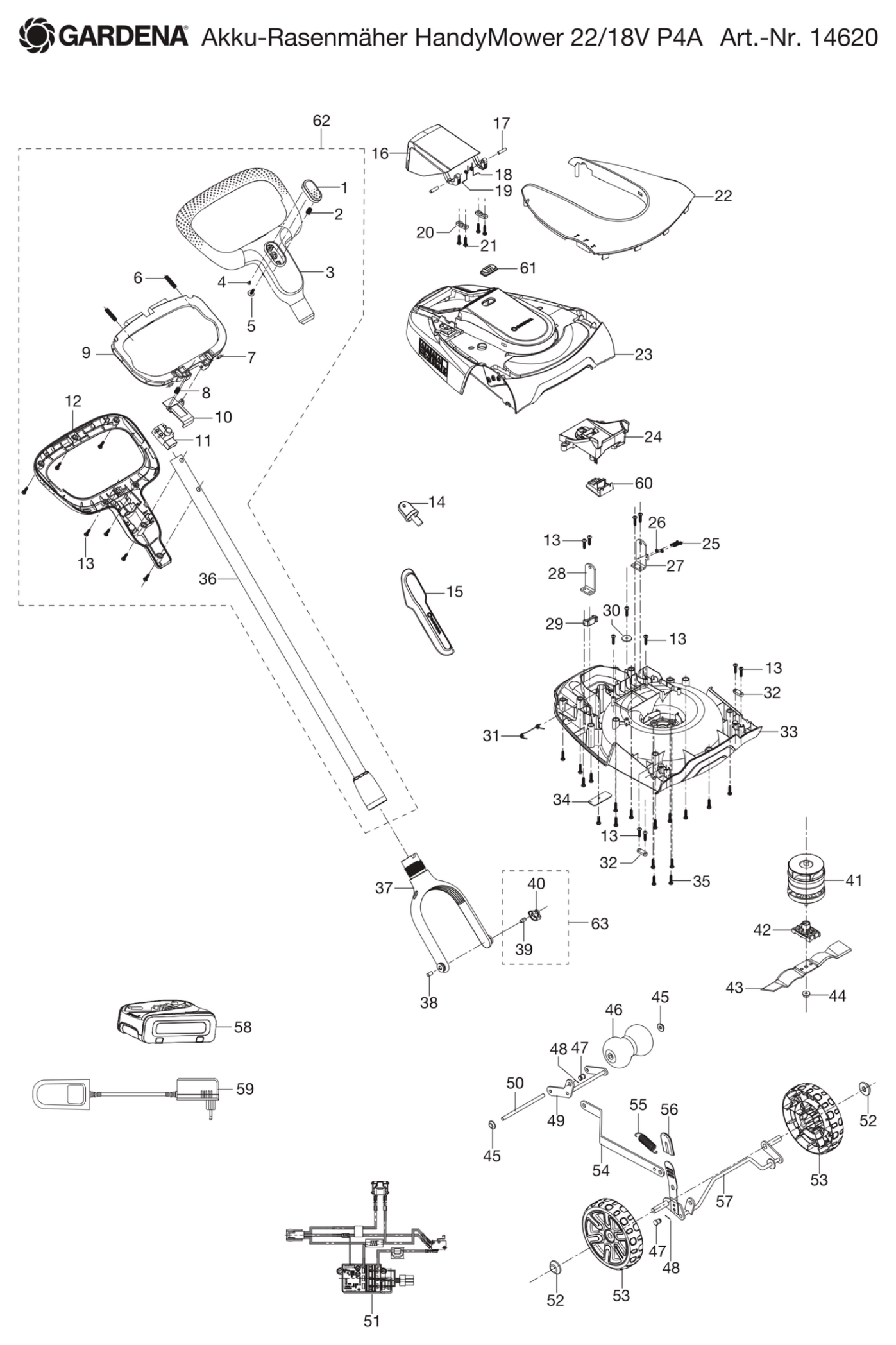 Schema piese de schimb 14620 SET MASINA DE TUNS IARBA CU ACCU 22/18V