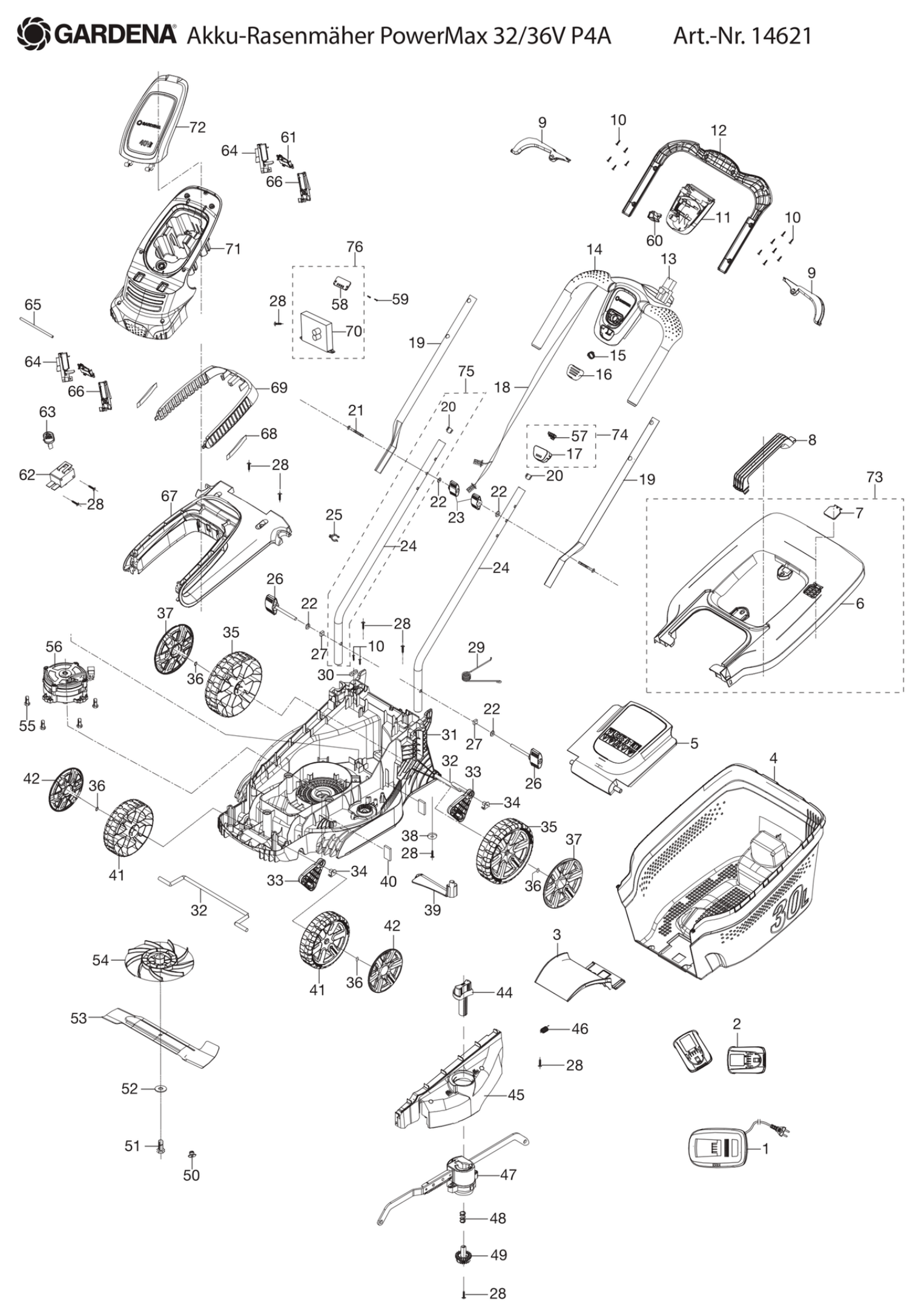 Schema piese de schimb 14621 SET MASINA DE TUNS IARBA ACCU 32/36V P4A