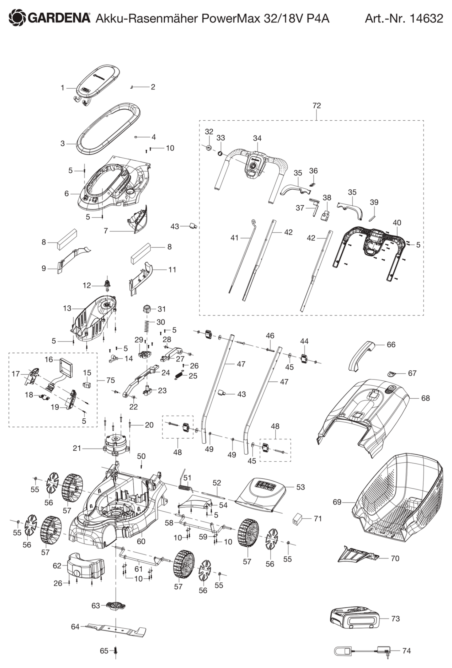 Schema piese de schimb MASINA DE TUNS IARBA POWERMAX 32/18V P4 A   14632