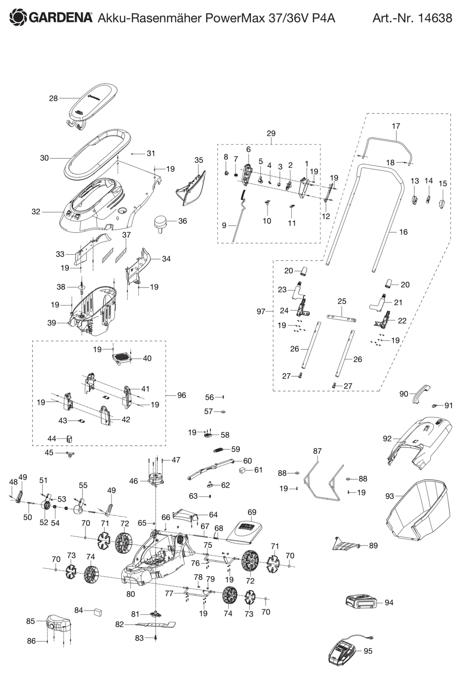 Schema piese de schimb MASINA DE TUNS IARBA CU ACUMULATOR  37/36V P4A   14638