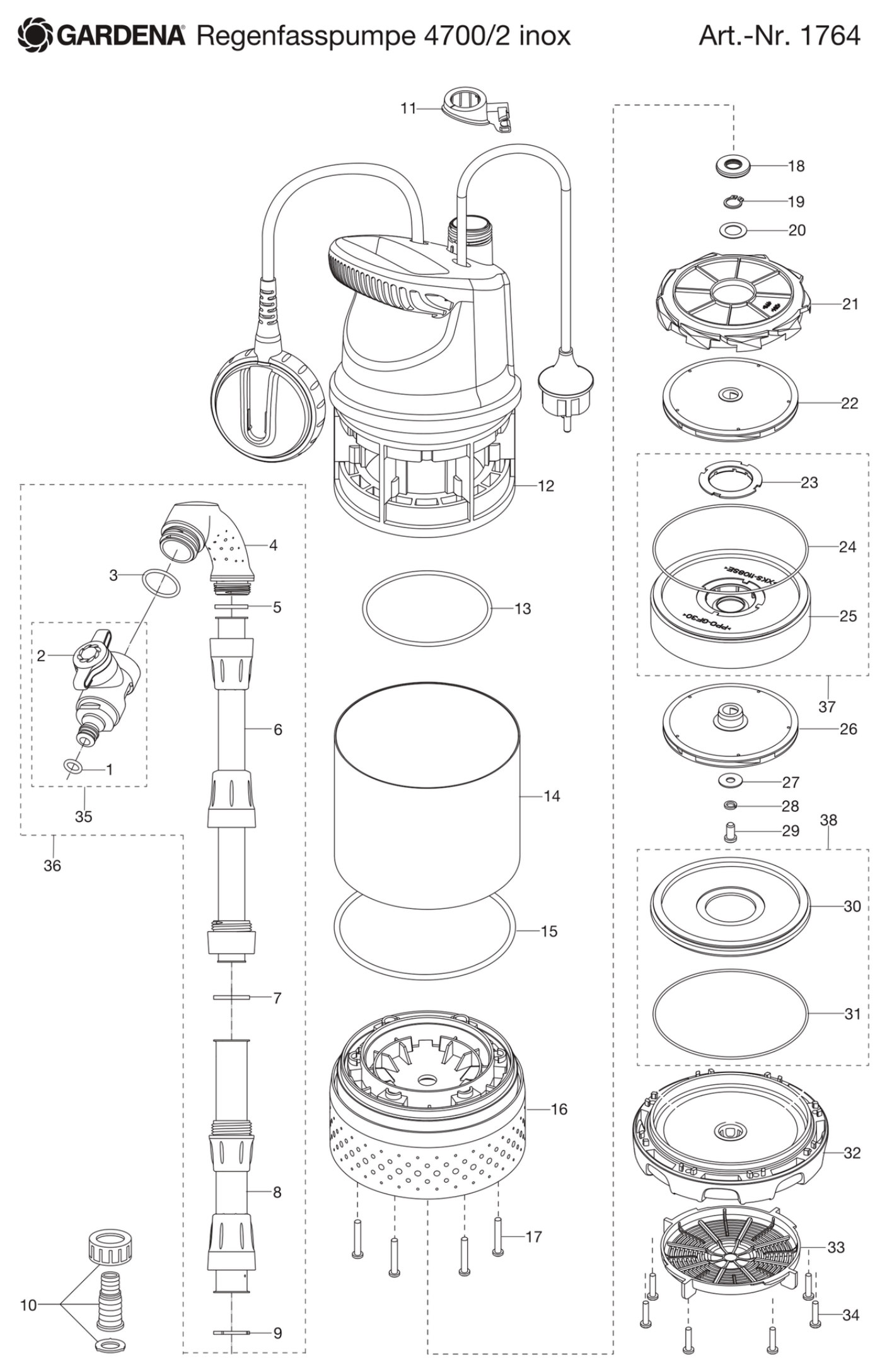 Schema piese de schimb POMPA PT REZERVOR APA DE PLOAIE 4700/2 INOX 1764