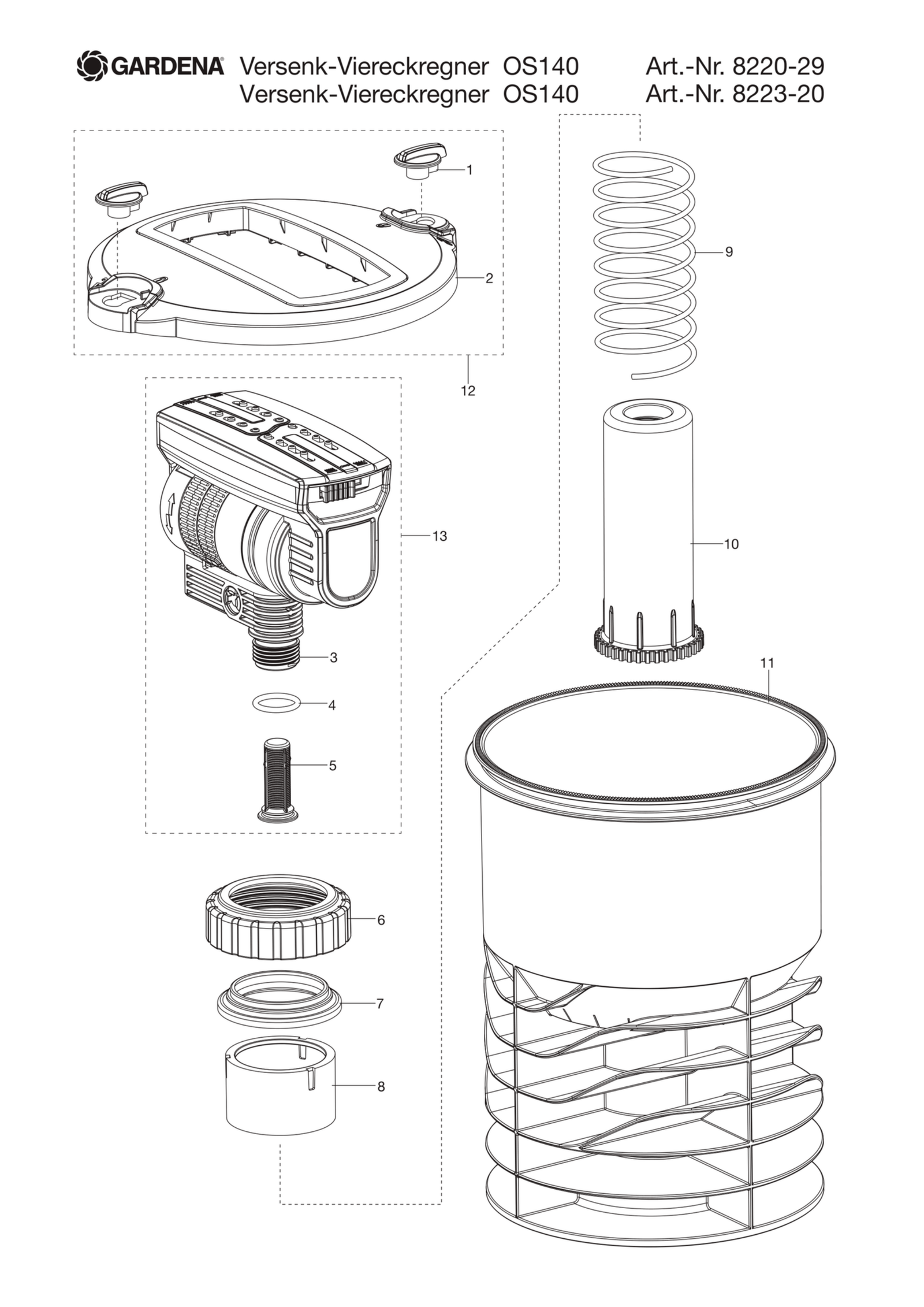 Schema piese de schimb Aspersor telescopic oscilant OS 140 rectangular 8223