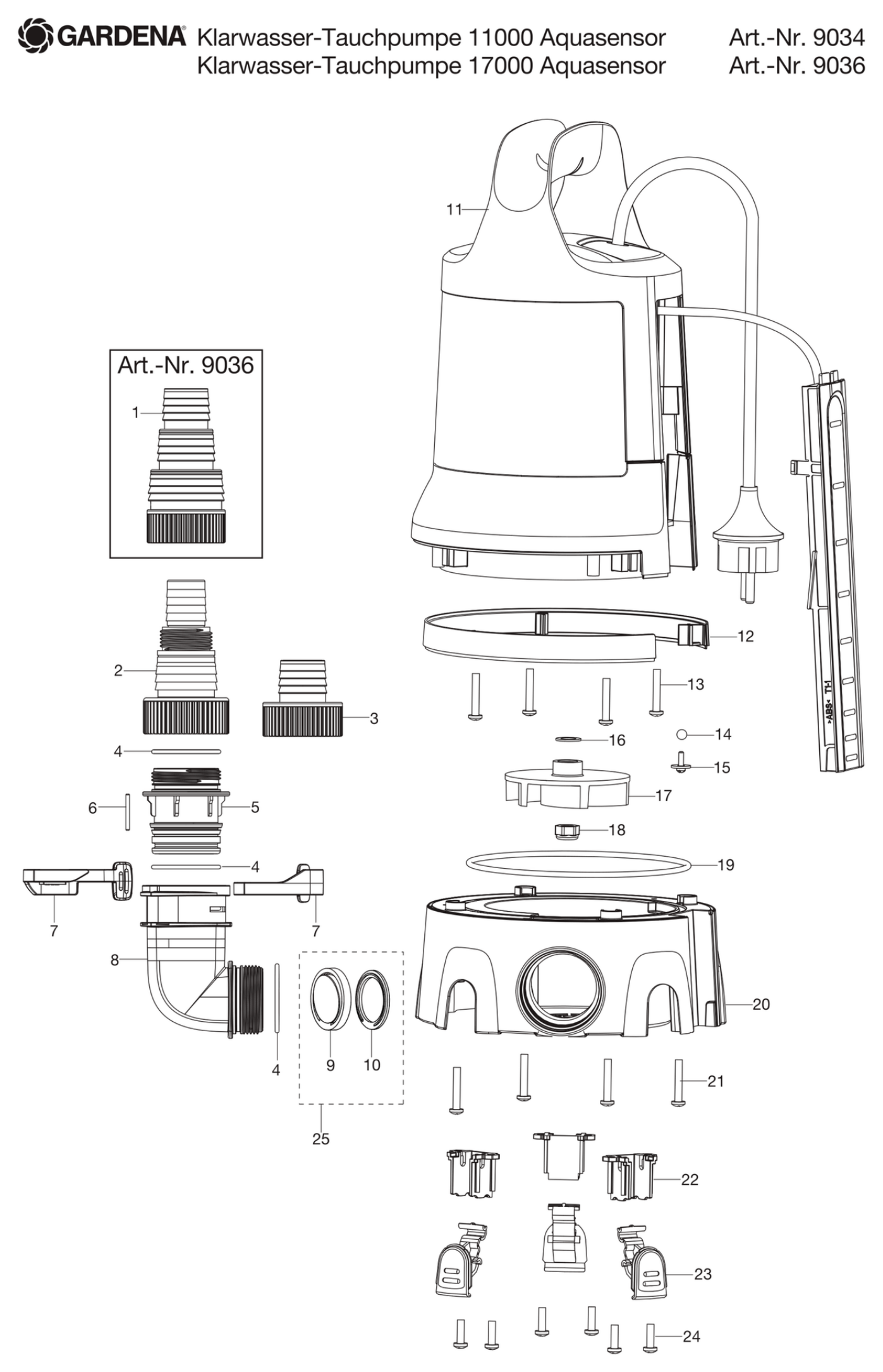 Schema piese de schimb 9036 POMPA SUBMERSIBILA APA CURATA 17000 AQUASENSOR